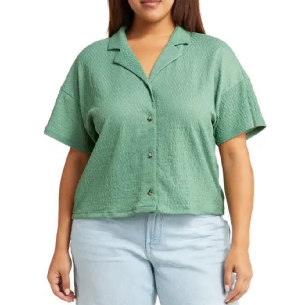 Madewell Crinkle Knit Button Top New With Tags Green 3X